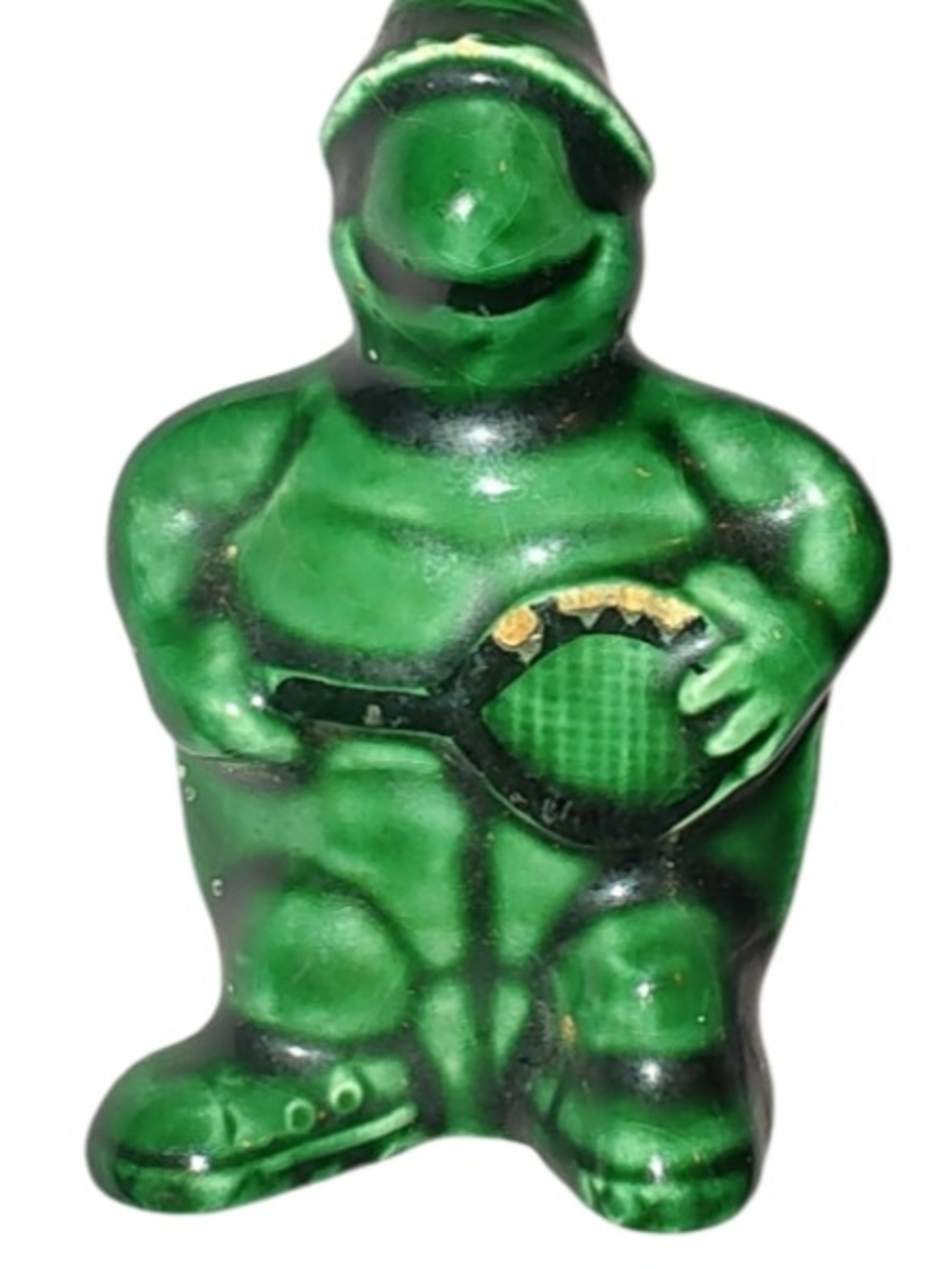 Vintage 1970's Anthropomorphic Kitsch Glazed Turtle Tennis Racket & Hat Figurine